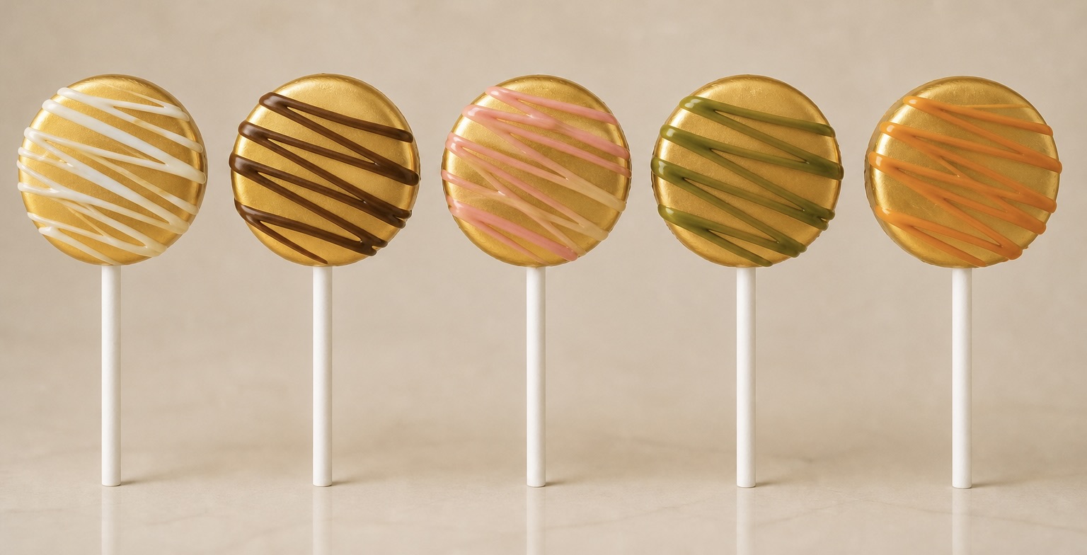Gold cake pops with white sticks and white, chocolate, pink, sage, and orange drizzle